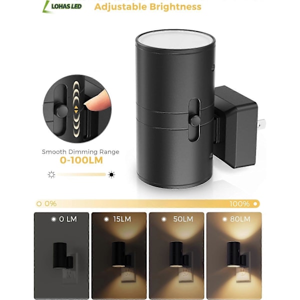 2-pak LED Natlampe med Stikkontakt, Moderne Natlamper til Stikkontakt, Skumringssensor, Blødt Hvidt 3000K, 0-100LM Justerbar Lysstyrke, Dæmpbar Natlampe
