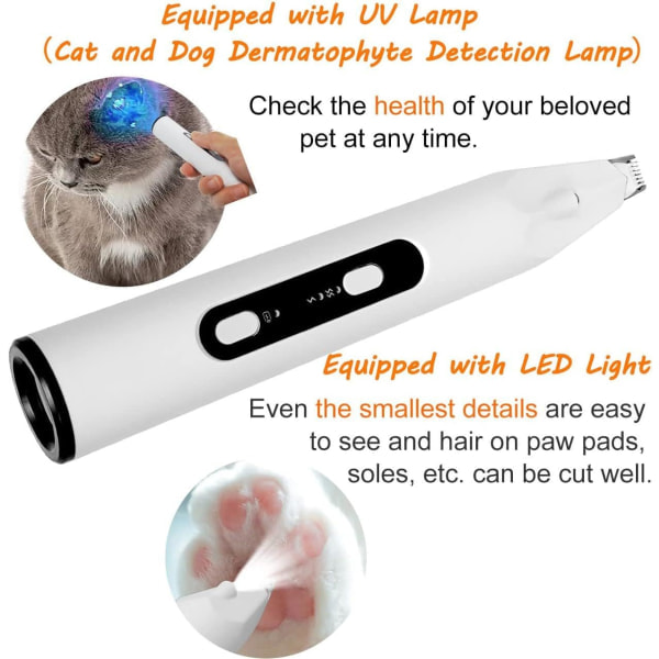 Kynsileikkuri, koiran trimmeri, hiljainen, USB-ladattava, LED-valolla ja UV-lampulla, karva-/kynsileikkuri/trimmeri koiralle, kissalle, lemmikin tassulle, korvalle, silmälle
