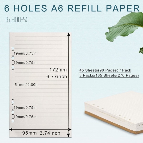 A6 Refill Paper, 3-pack 100GSM Tjockt Refill Papper 6 Håls Filler Inserts Löst Papper 135 Ark (270 Sidor)