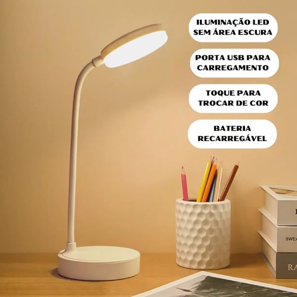 Fleksibel LED-skrivebordslampe, oppladbar, trådløs USB-ladekabel og 3 lysstyrkenivåer, trykknapp, studier, lesing, arbeid, premium A