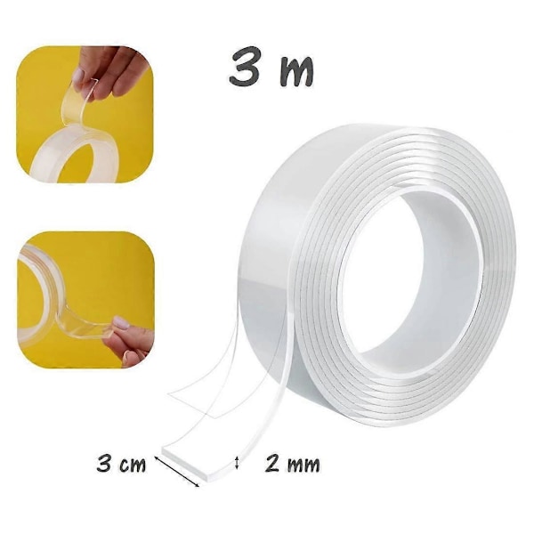 Smart Nano Tejp, Återanvändbar Nano Självhäftande Tejp, Transparent Spårlös Dubbelsidig, Tvättbar och Hållbar för Fästbara Föremål, 2mm x 3cm x 3m