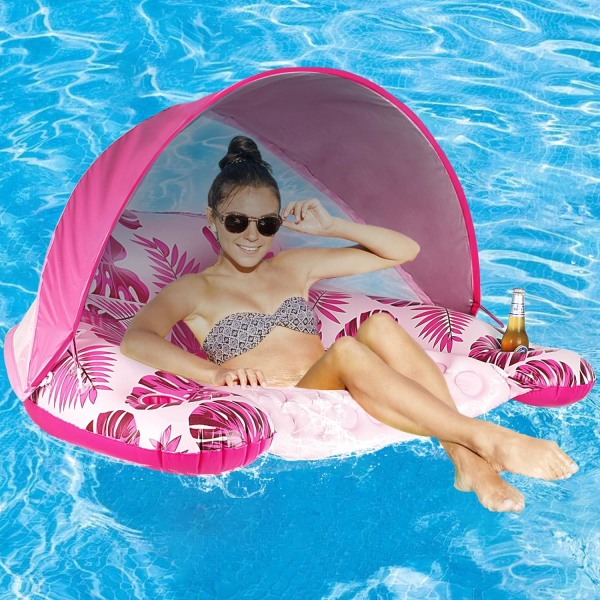 Uima-allas kelluke katos, mukinpidike - Uima-allas tuoli kelluke säädettävällä aurinkosuojalla, juomateline, ergonominen pääntuki pink