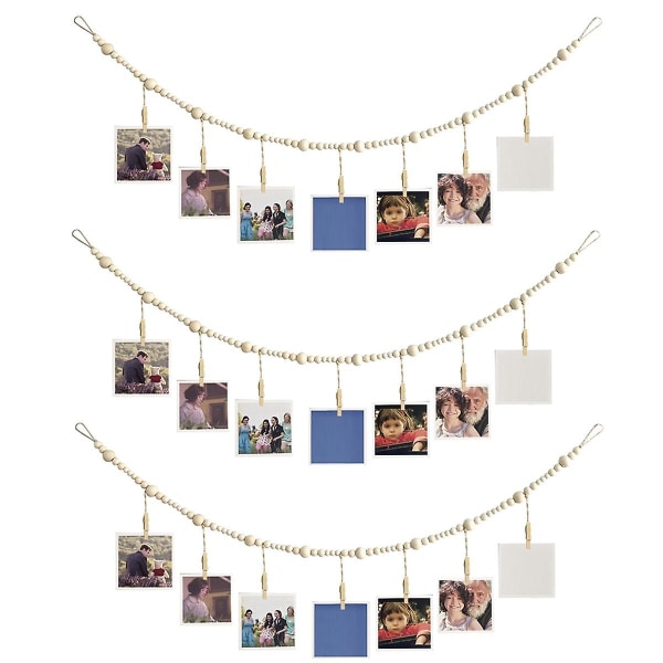 3 st hängande fotodisplay Väggdekor, Boho träpärla girland collage tavelram med 7 träklämmor för hem, kontor