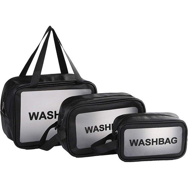 (svart) genomskinlig 3-delad kosmetisk väska, vattentät toalettväska för pool, bad, resor, flygplan, sminkväska i flera storlekar