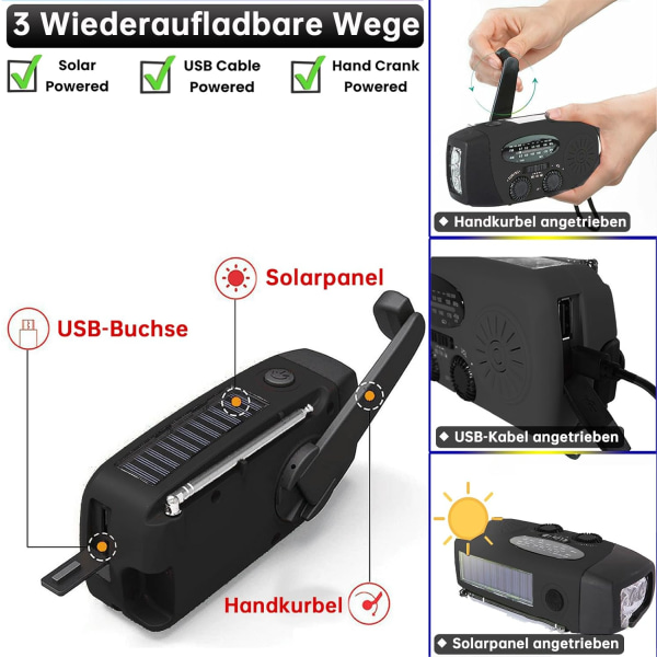 Bärbar solradio med väder AM/FM/NOAA, generator med handvev, 2000 mAh uppladdningsbar power , USB mobilladdare Green