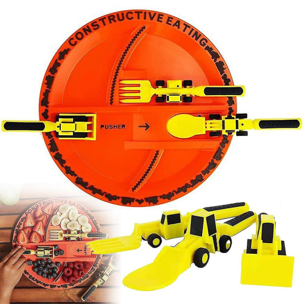 Kreativt set Gul grävmaskinstema gaffelsked och skjutare Rolig leksak Presentservis för småbarn Barn Barn
