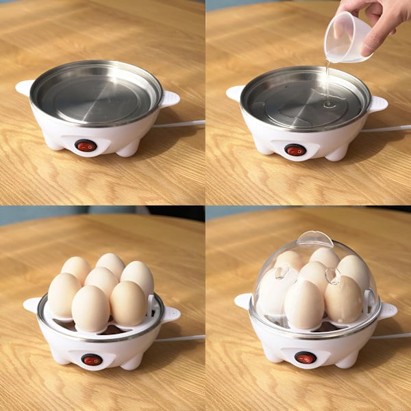 Egg Cooker och Äggkokare 7 Ägg Kapacitet 3-i-1 Elektrisk Kokt Ägg, Grönsakskokare, Pocherare, Äggröra, Omelettmaskin med Automatisk Avstängning (Vit)