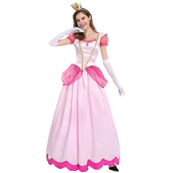 Super Mario Peach Cosplay Cosplay-kostym för kvinnor, rosa prinsessklänning + handskar + huvudbonadskläder, set L