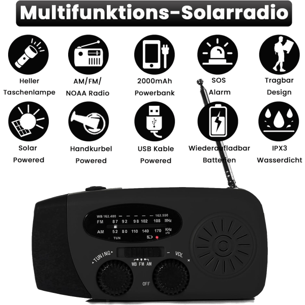 Bärbar solradio med väder AM/FM/NOAA, generator med handvev, 2000 mAh uppladdningsbar power , USB mobilladdare Black