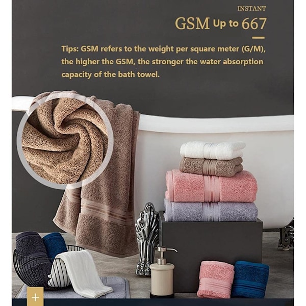Badehåndkle Badehåndkle i 100% Bomull, Stor Størrelse Myk Luksus og Meget Absorberende, for Badstue Dusj Svømming (70x140CM, Blå+Grå+Beige)