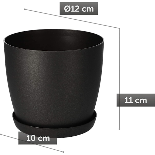 Blomsterpotter 6 farger 8 størrelser Matte Plastpotter Potte + Fatbrikke Deko (Svart Grafitt Matt, 12 cm)