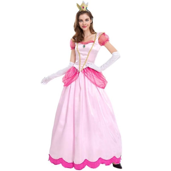 Super Mario Peach Cosplay Cosplay-kostym för kvinnor, rosa prinsessklänning + handskar + huvudbonadskläder, set 2XL