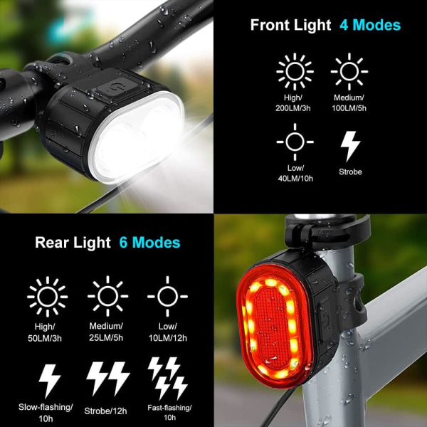 Ladattava polkupyörän valosarja Super Bright - USB-ladattava 350 Lumenin superkirkas vedenpitävä polkupyörän valo etu- ja takavalo a1