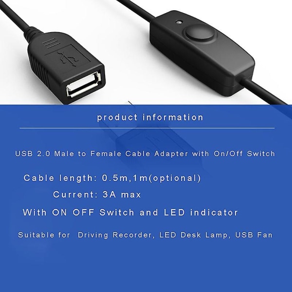 Data Sync USB 2.0 förlängningssladd USB förlängningskabel med LED-strömbrytare 1M