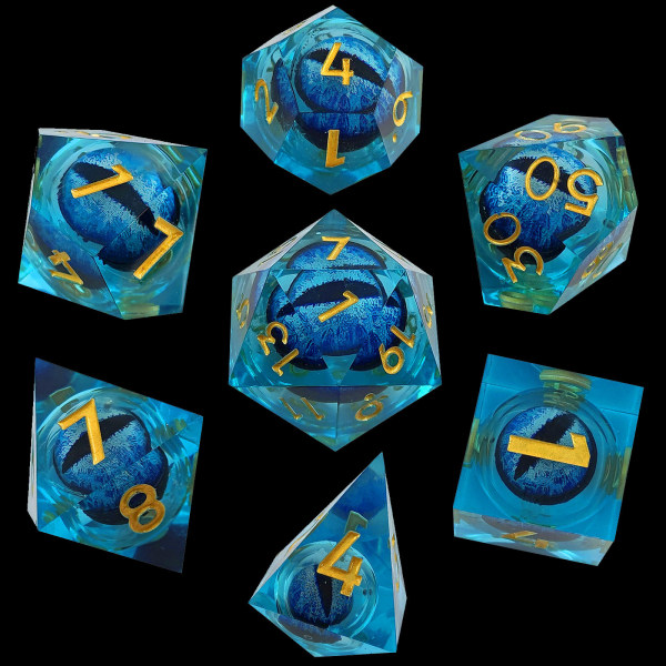 Dragon's Eye-tärningar, hartstärningar, handgjorda tärningar med flytande kärnharts, skarpkantstärningar av harts, polyedriska tärningar, set blue
