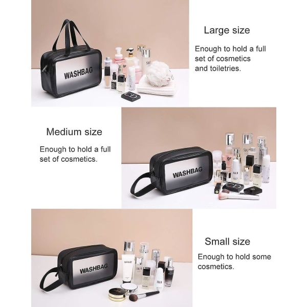 (svart) genomskinlig 3-delad kosmetisk väska, vattentät toalettväska för pool, bad, resor, flygplan, sminkväska i flera storlekar