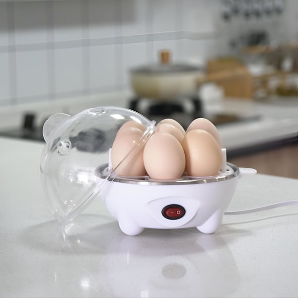 Egg Cooker och Äggkokare 7 Ägg Kapacitet 3-i-1 Elektrisk Kokt Ägg, Grönsakskokare, Pocherare, Äggröra, Omelettmaskin med Automatisk Avstängning (Vit)