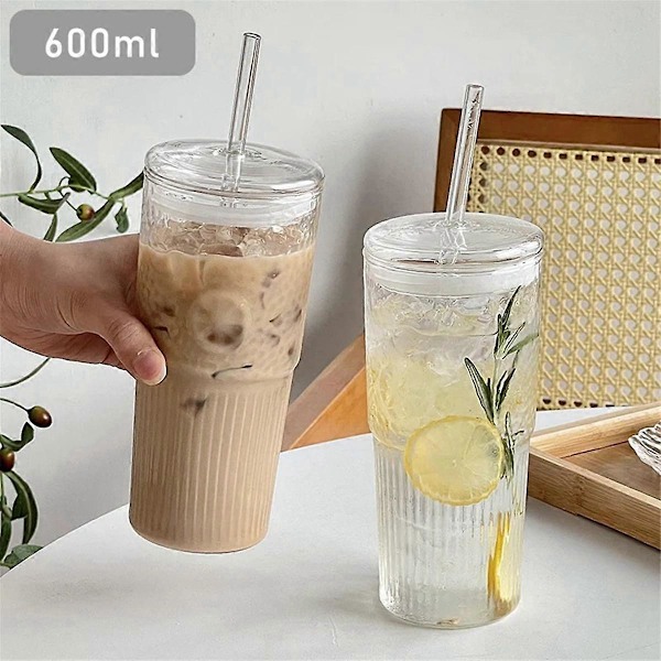 600 ml glaskopp mjölk kaffekopp med lock och sugrör transparent rand vattenkopp mugg dricksglas