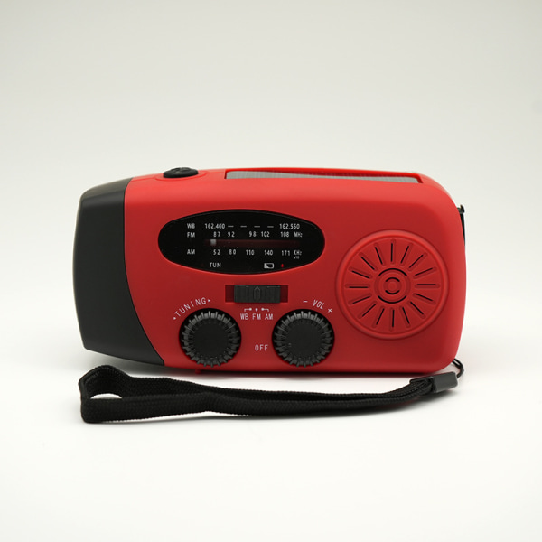 Bärbar solradio med väder AM/FM/NOAA, generator med handvev, 2000 mAh uppladdningsbar power , USB mobilladdare Red