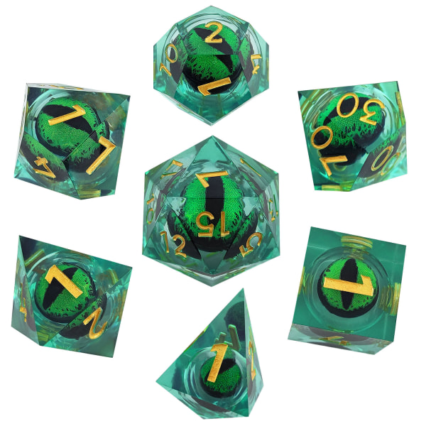 Dragon's Eye terninger, harpiksterninger, håndlagde terninger med flytende kjerneharpiks, terninger med skarp kant i harpiks, polyedriske terninger, terningsett green