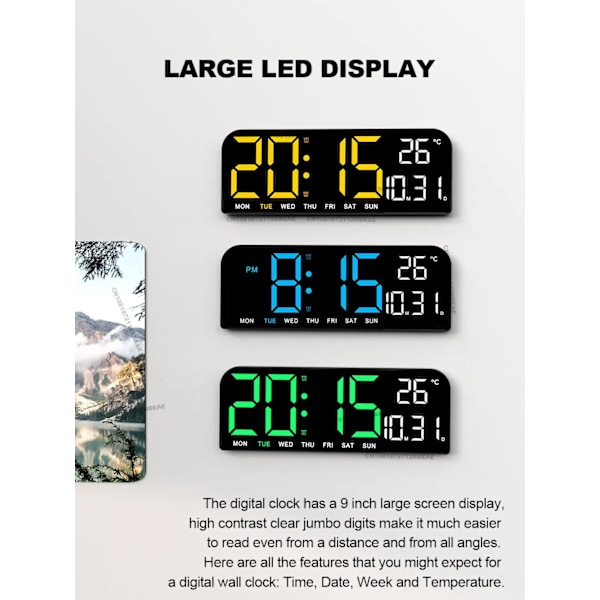 9.0 Tum Stor Digital Väggklocka Temperatur och Datum Veckovisning Nattläge Bordsväckarklocka 12/24H Elektronisk LED-klocka green