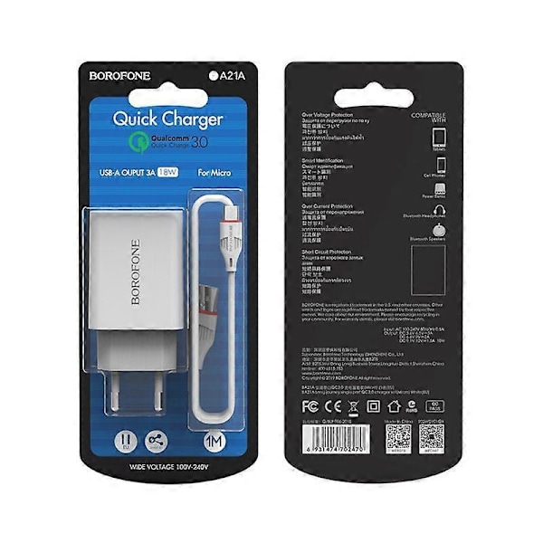 Borofone BA21A Hongtu enkelport QC3.0 lader mobiltelefon universell europeisk standard hurtigladehode Android-sett