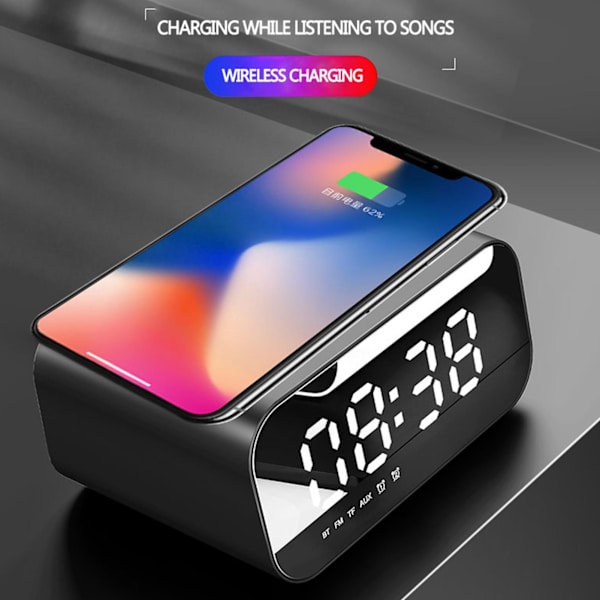 Trådlös Laddning Bluetooth Högtalare Klocka LED-Display Väckarklocka Högtalare med FM-Radio USB Snabbladdare