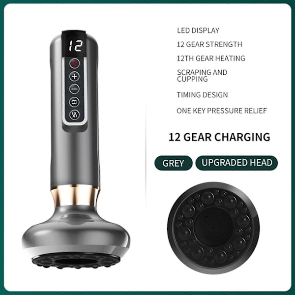 Smart Koppningsmassageapparat – 12 Justerbara Värme- & Tryckinställningar | Gua Sha + Snabbladdning | Professionell Avkoppling Hemma 12 växlar grå 12 gears gray Red light