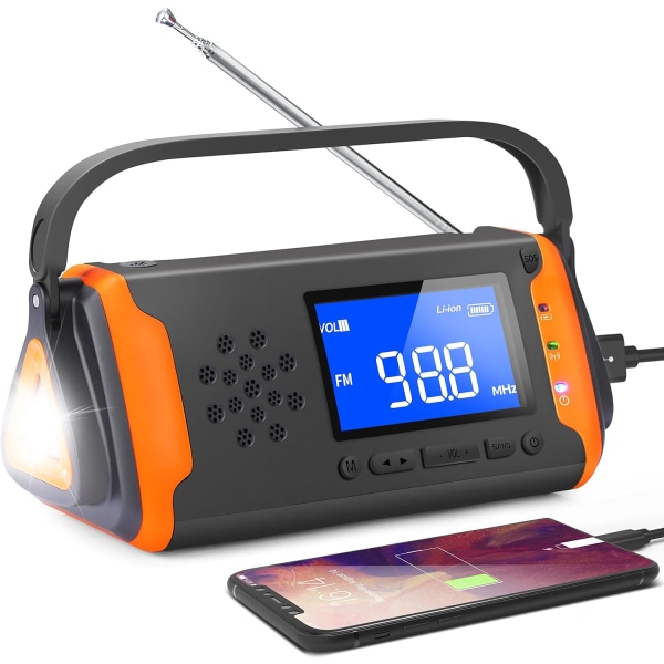 Solar Radio Emergency Wind Up Radio Handvev AM FM-radio med ljus ficklampa, SOS-larm, AUX-musikspelare, 4000mAh Power Bank Orange