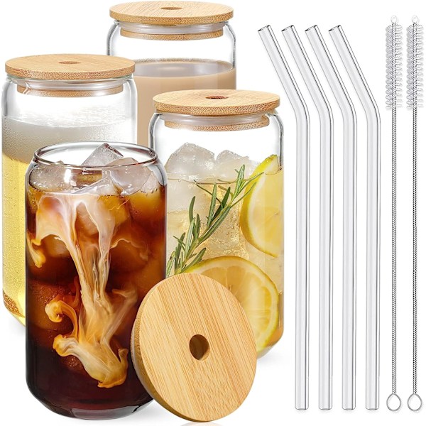 Drikkeglas med bambulåg og glasstrå 4-pak - 16oz krukkeformede glas, ølglas, iskaffe glas, søde tumblere, perfekt