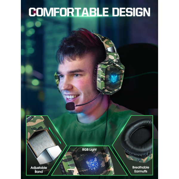 Gamingheadset med mikrofon för PS4 PS5 Xbox PC med RGB-ljus, PlayStation-headset med brusreducering 7.1 Surround Sound Over-Ear och trådbunden 3,5 mm-kontakt Camouflage green (ZXK90104)