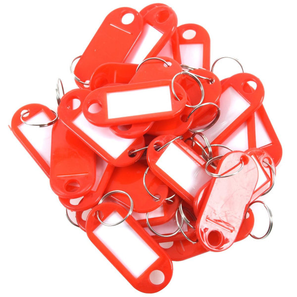 30 stycken plastnyckelhållare för ID-etikett Bagage-nyckelringar med namnskylt, färg: röd