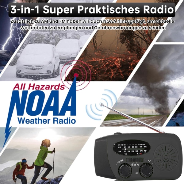 Bärbar solradio med väder AM/FM/NOAA, generator med handvev, 2000 mAh uppladdningsbar power , USB mobilladdare Red