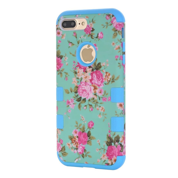 iPhone 8 Plus - Elegant Flerdelat Skyddsskal med Blommönster Blå