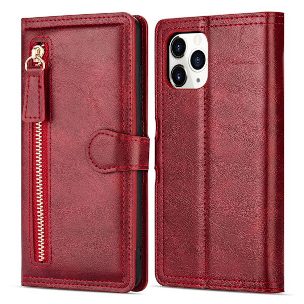 iPhone 13 Pro Max - Lyxigt Wallet Case med Zipper & Handledsrem Röd