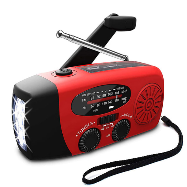 Praktisk krankradio/jordradio (solcelle lommelykt strømbank) Röd