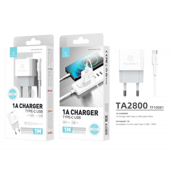 Techancy-lader/1A/1M2A/1Usb/Hvit/Type-C-kabel White