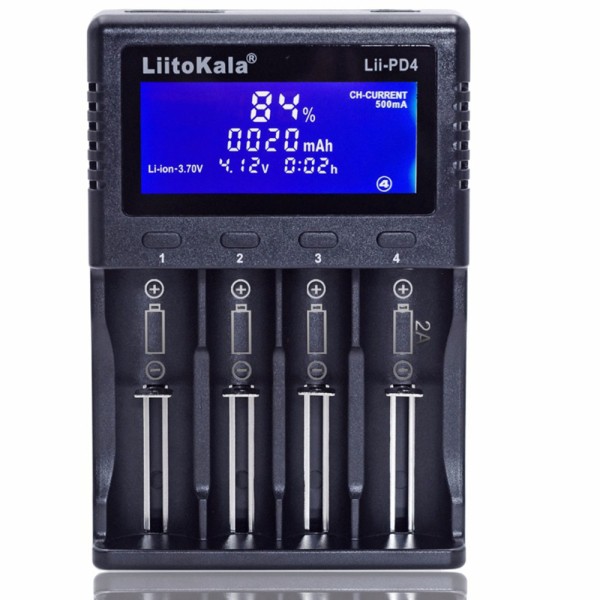 LiitoKala Lii-PD4 18650 26650 4-slot batteri Hurtig opladning Svart