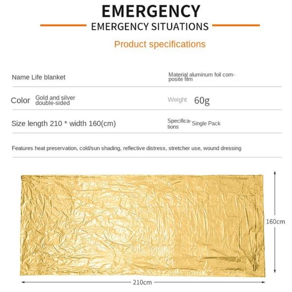 Survival Blanket / Emergency Blanket Varmetilbageholdelse Guld