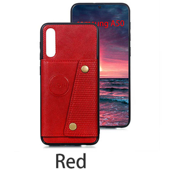 Samsung Galaxy A50 - Robust Stilsäkert Skal med Korthållare Röd
