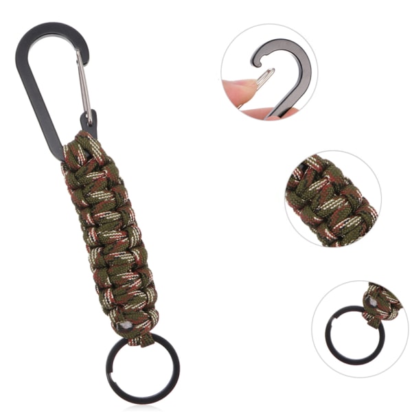 Paracord Overlevelses-Nøglering med Karabinhage Kamouflage Grön