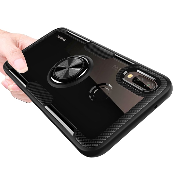 Sileä tyylikäs kansi sormustelineellä - Huawei P Smart 2019 Svart/Silver