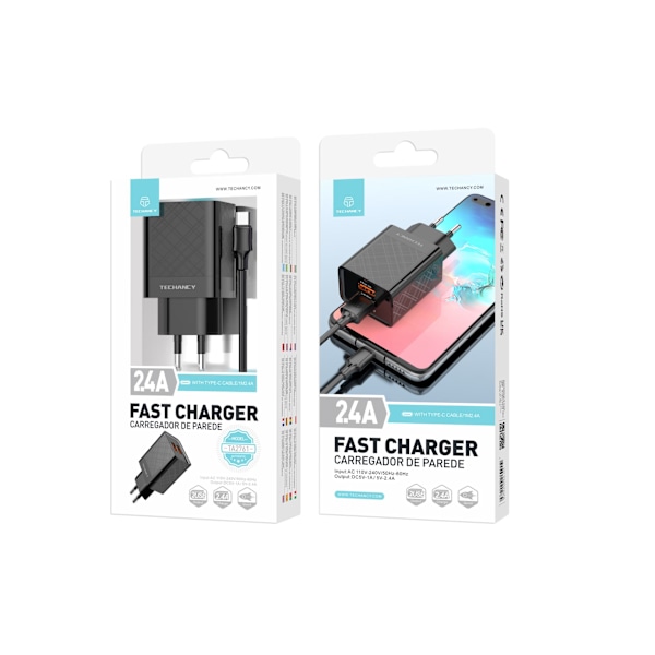 Techancy/Snabbladdare/USB Typ C/2.4A/Dubbla Portar/1M Svart