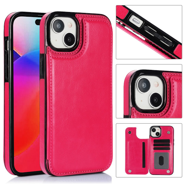Iphone 15 - Läder Fodral med 3-kortfack Rosa