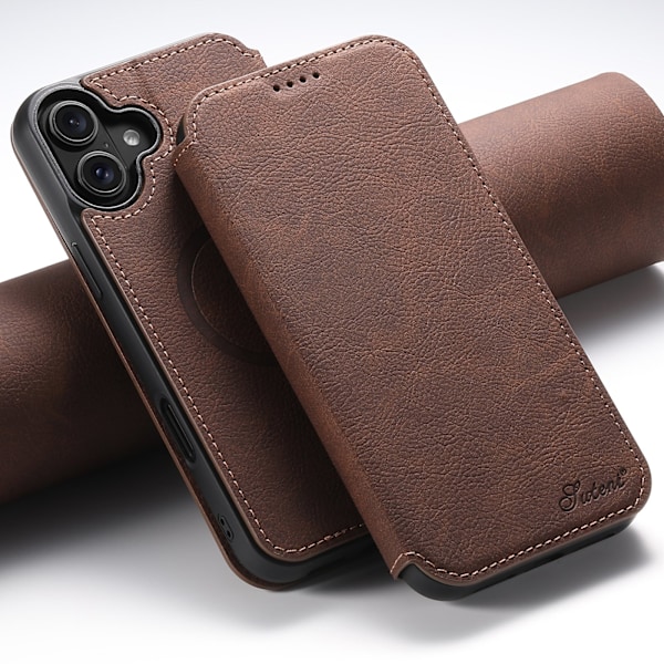 Lyxigt & Praktiskt - iPhone 16 Plånboksfodral i PU-läder Mörkbrun