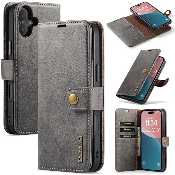 iPhone 16 - Magnetiskt 2-i-1Permium Plånboksfodral Grå