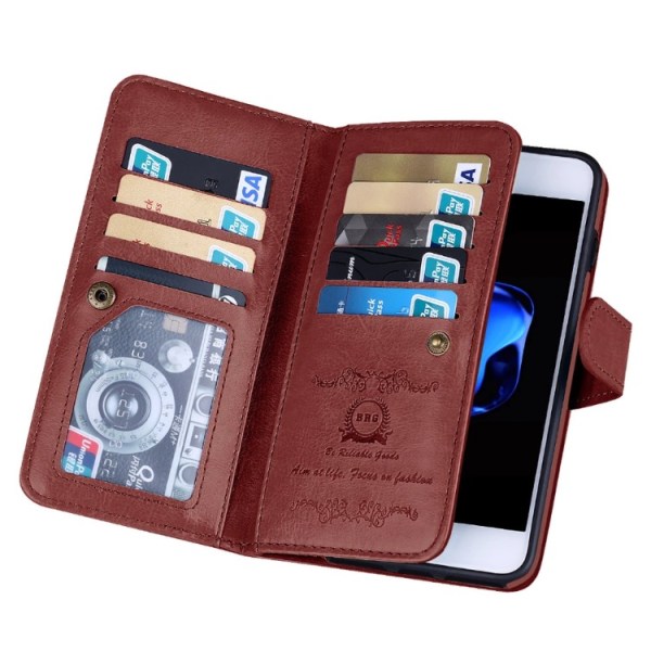 iPhone 7 Stilfuldt Smart 9-Card Wallet Cover Röd