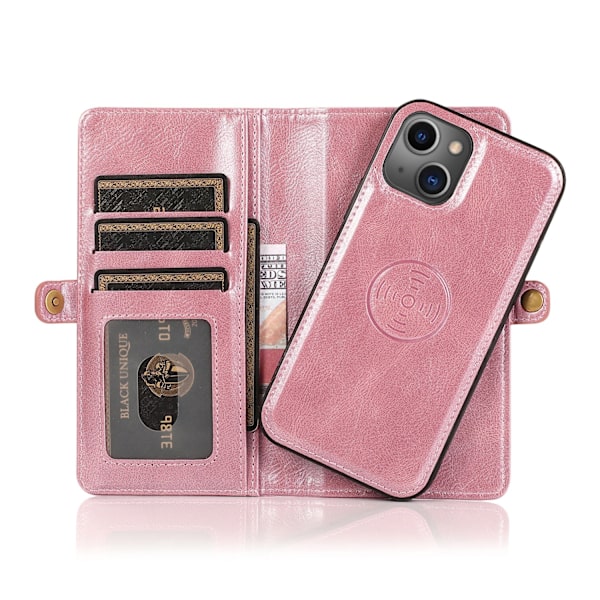 iPhone 15 Plus - Ylellinen nahkainen lompakkokotelo korttipaikoilla Pink gold