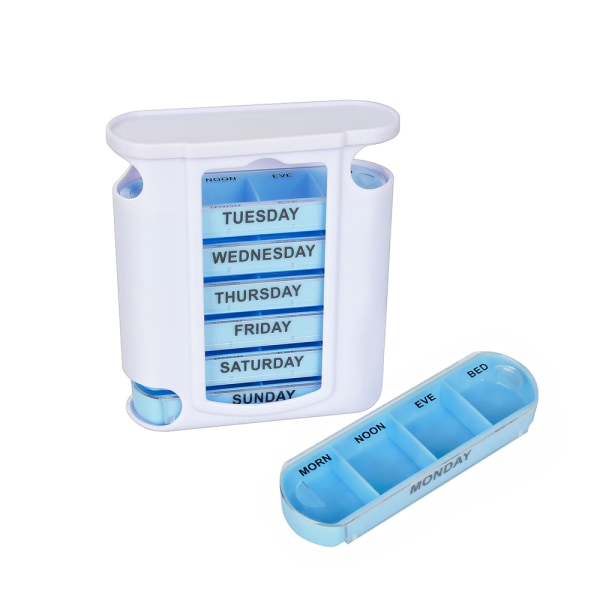 Käytännöllinen Dosett-lääkelaatikko, 28 lokeroa, viikoittainen laatikko, lääkearkku Blå