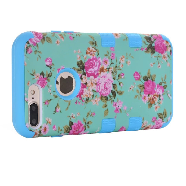 iPhone 8 Plus - Elegant Flerdelat Skyddsskal med Blommönster Blå